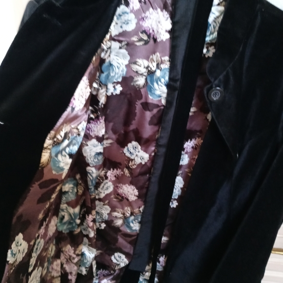 Dennis Basso Black Suede Sz 2X Floral Lined Dress Coat, Garment Bag Purple Blue - Picture 2 of 11
